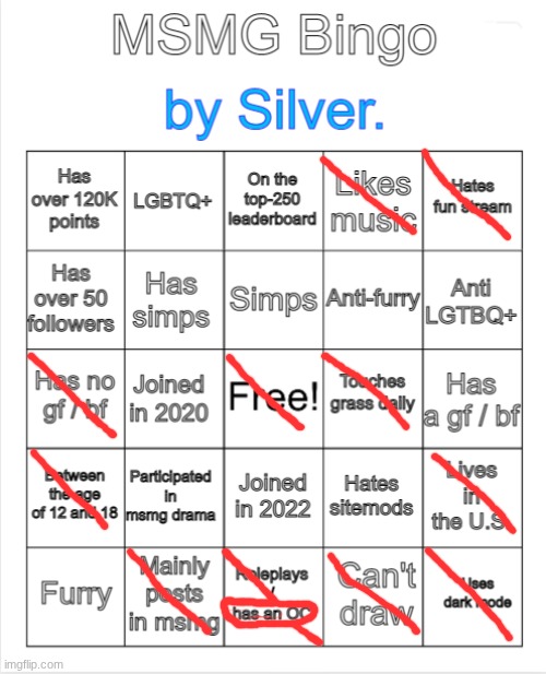 Silver.'s MSMG Bingo | image tagged in silver 's msmg bingo | made w/ Imgflip meme maker