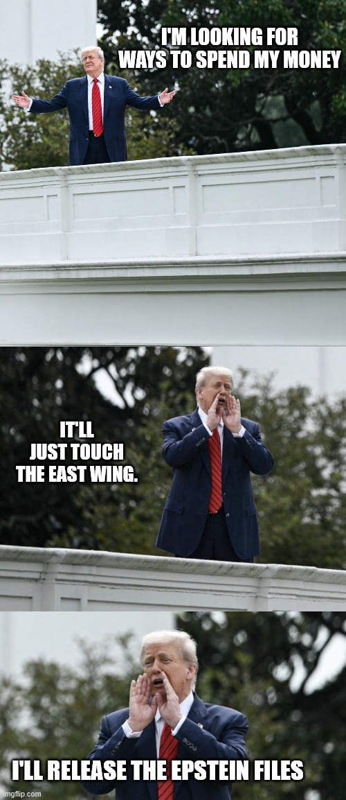 I'M LOOKING FOR WAYS TO SPEND MY MONEY I'LL RELEASE THE EPSTEIN FILES IT'LL JUST TOUCH THE EAST WING. | image tagged in trump roofies,trump yells from roof,trump yell roof | made w/ Imgflip meme maker