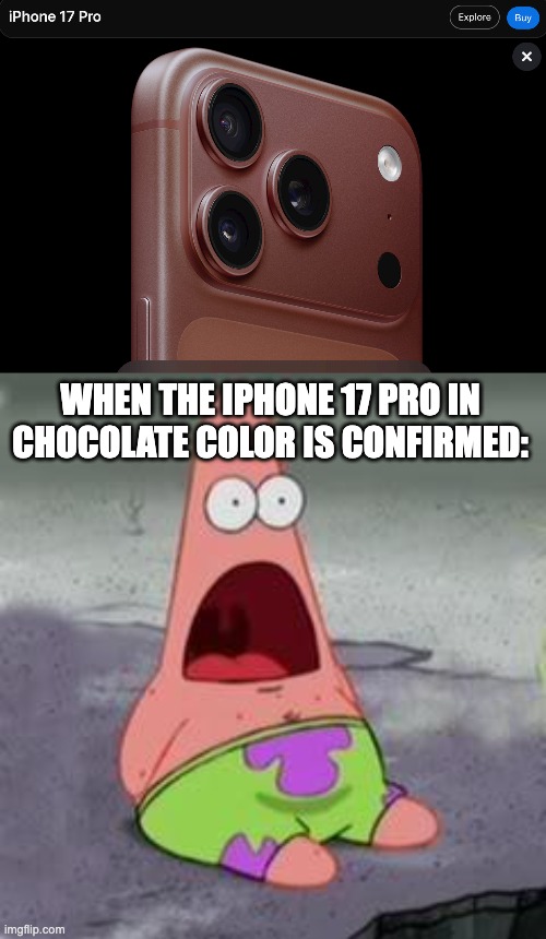 chocolate? did you say "chocolate"? | WHEN THE IPHONE 17 PRO IN CHOCOLATE COLOR IS CONFIRMED: | image tagged in suprised patrick | made w/ Imgflip meme maker
