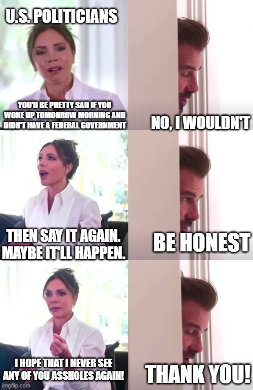 Victoria David Beckham Be Honest | U.S. POLITICIANS; YOU'D BE PRETTY SAD IF YOU WOKE UP TOMORROW MORNING AND DIDN'T HAVE A FEDERAL GOVERNMENT; NO, I WOULDN'T; THEN SAY IT AGAIN.
MAYBE IT'LL HAPPEN. BE HONEST; I HOPE THAT I NEVER SEE ANY OF YOU ASSHOLES AGAIN! THANK YOU! | image tagged in victoria david beckham be honest,politicians,government,government shutdown,assholes,chuck schumer | made w/ Imgflip meme maker