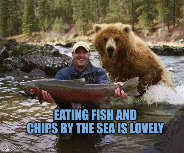 Eating fish and chips by the sea is lovely | EATING FISH AND CHIPS BY THE SEA IS LOVELY | image tagged in fish,chips,seaside,sea,food | made w/ Imgflip meme maker