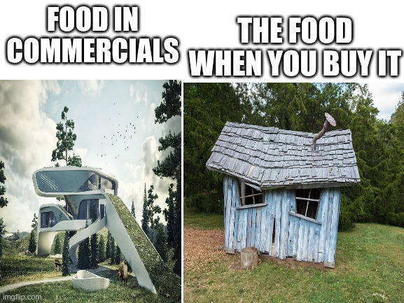 Blank White Template | FOOD IN COMMERCIALS; THE FOOD WHEN YOU BUY IT | image tagged in blank white template | made w/ Imgflip meme maker