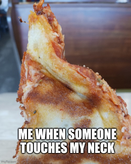 I couldn't resist the joke | ME WHEN SOMEONE TOUCHES MY NECK | image tagged in memes,pizza,neck,funny | made w/ Imgflip meme maker