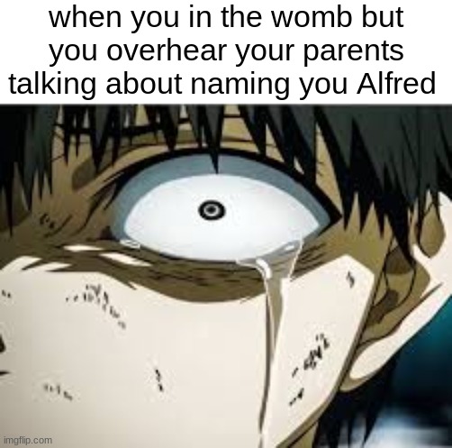 Upvote or you get ball cancer | when you in the womb but you overhear your parents talking about naming you Alfred | image tagged in pablo | made w/ Imgflip meme maker