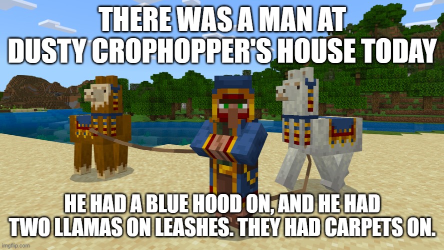 Wandering Trader | THERE WAS A MAN AT DUSTY CROPHOPPER'S HOUSE TODAY; HE HAD A BLUE HOOD ON, AND HE HAD TWO LLAMAS ON LEASHES. THEY HAD CARPETS ON. | image tagged in wandering trader | made w/ Imgflip meme maker