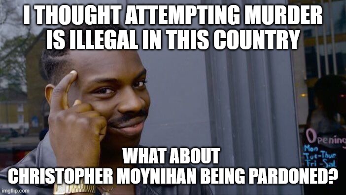 Roll Safe Think About It Meme | I THOUGHT ATTEMPTING MURDER IS ILLEGAL IN THIS COUNTRY; WHAT ABOUT 
CHRISTOPHER MOYNIHAN BEING PARDONED? | image tagged in memes,roll safe think about it | made w/ Imgflip meme maker