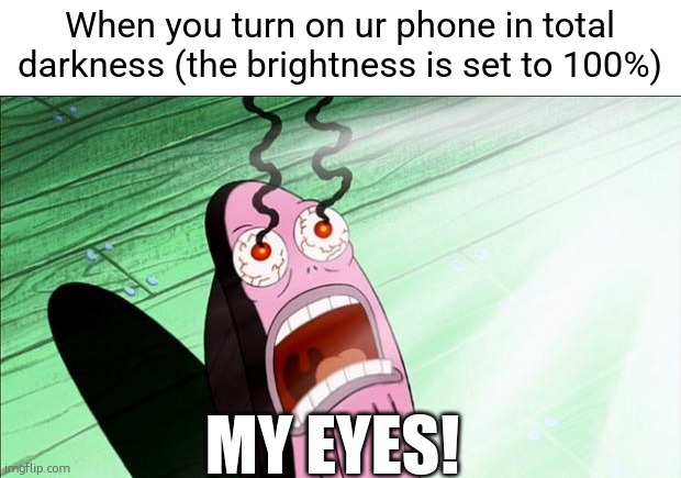 TOO BRIGHT AHHHHH- | When you turn on ur phone in total darkness (the brightness is set to 100%); MY EYES! | image tagged in memes,spongebob my eyes,funny,too bright,relatable,darkness | made w/ Imgflip meme maker