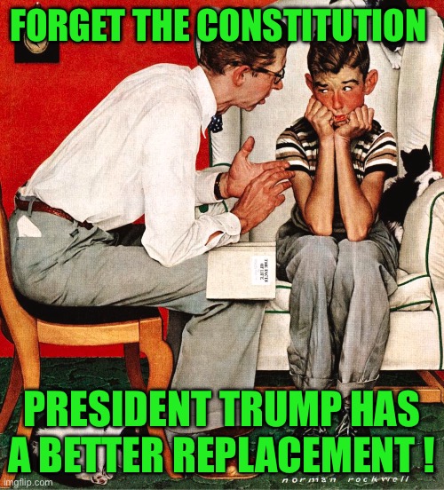 Rockwell | FORGET THE CONSTITUTION; PRESIDENT TRUMP HAS A BETTER REPLACEMENT ! | image tagged in rockwell | made w/ Imgflip meme maker