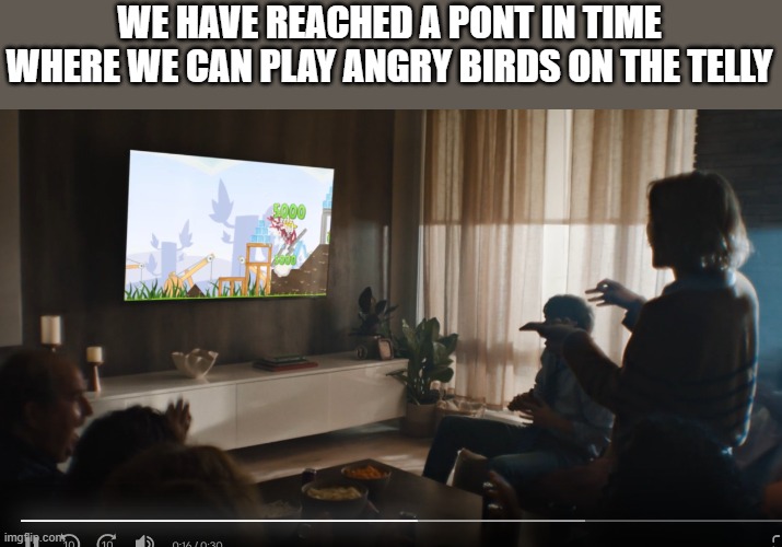 amazon wtf | WE HAVE REACHED A PONT IN TIME WHERE WE CAN PLAY ANGRY BIRDS ON THE TELLY | made w/ Imgflip meme maker