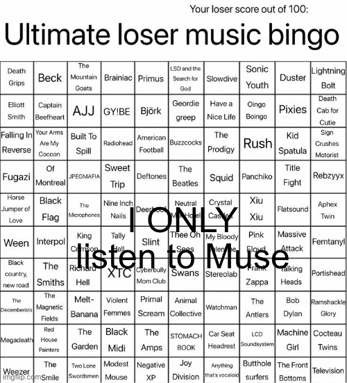 Some other bands I like; M83, Coldplay, Twently One Pilots. That’s about it | I ONLY listen to Muse | image tagged in ultimate loser music bingo | made w/ Imgflip meme maker