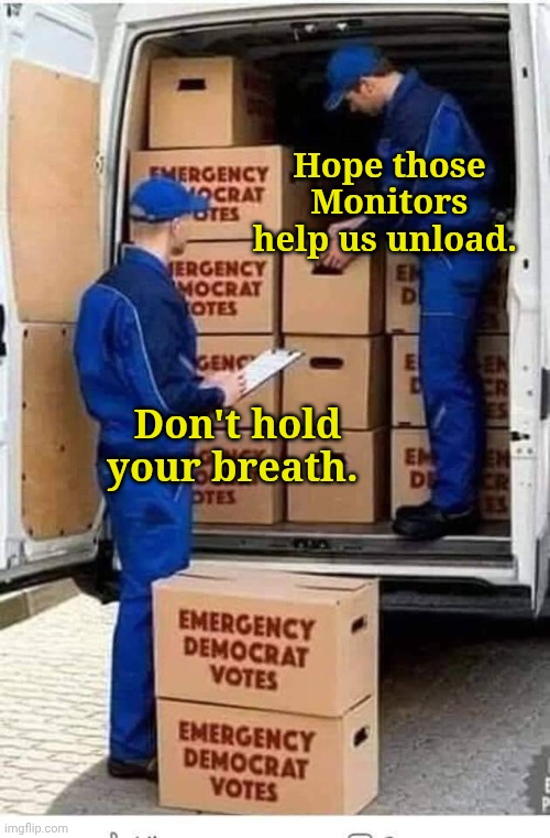 Hope those Monitors help us unload. Don't hold your breath. | image tagged in emergency democrat votes | made w/ Imgflip meme maker
