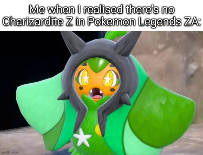 If they really not creating Charizardite Z later in DLC, then I would be shockingly suprised. | Me when I realised there's no Charizardite Z in Pokemon Legends ZA: | image tagged in suprised ogerpon,pokemon za,charizard | made w/ Imgflip meme maker