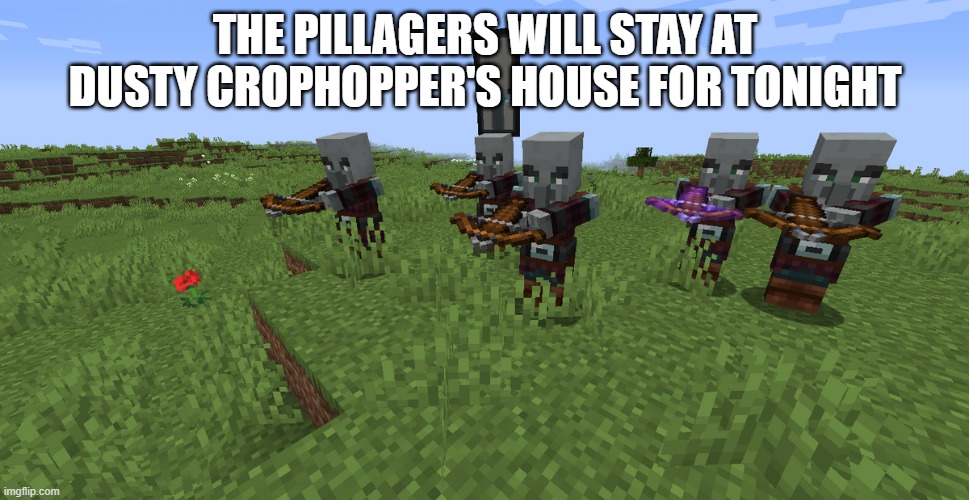 Pillager Patrol | THE PILLAGERS WILL STAY AT DUSTY CROPHOPPER'S HOUSE FOR TONIGHT | image tagged in pillager patrol | made w/ Imgflip meme maker