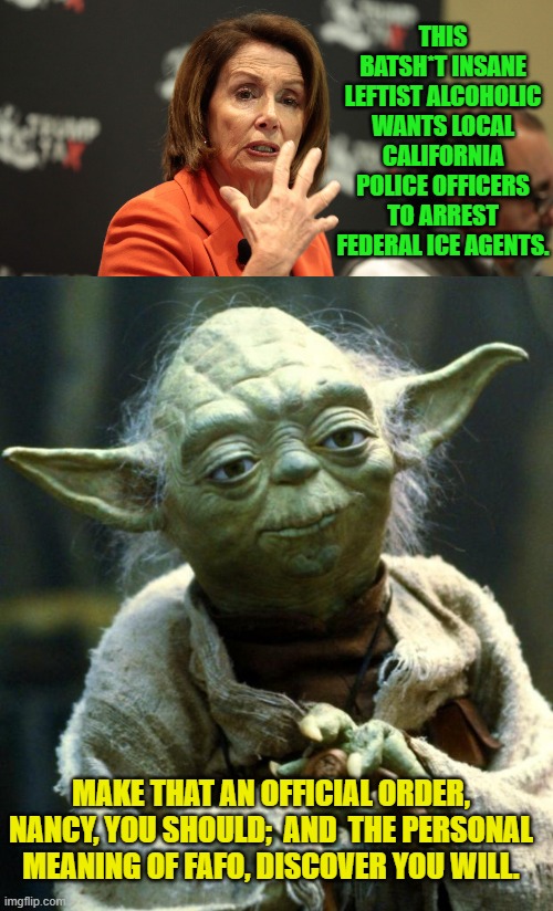 B-B-But 'consequences' are NOT supposed to happen to corrupt ol' Nancy. | THIS BATSH*T INSANE LEFTIST ALCOHOLIC WANTS LOCAL CALIFORNIA POLICE OFFICERS TO ARREST FEDERAL ICE AGENTS. MAKE THAT AN OFFICIAL ORDER, NANCY, YOU SHOULD;  AND  THE PERSONAL MEANING OF FAFO, DISCOVER YOU WILL. | image tagged in star wars yoda | made w/ Imgflip meme maker