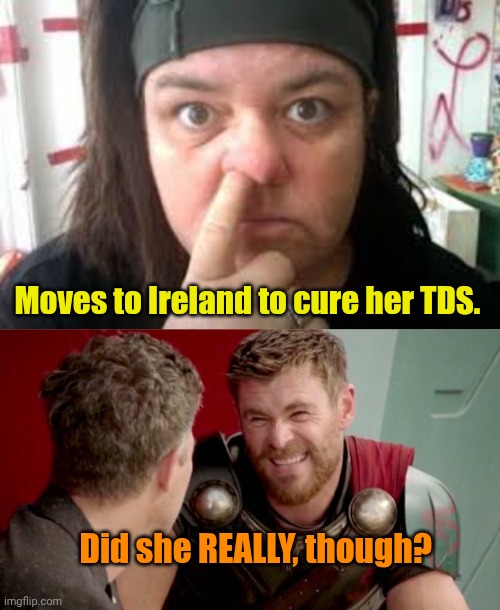 Stemming the brain leak, I imagine. | Moves to Ireland to cure her TDS. Did she REALLY, though? | image tagged in rosie o,is it really though | made w/ Imgflip meme maker
