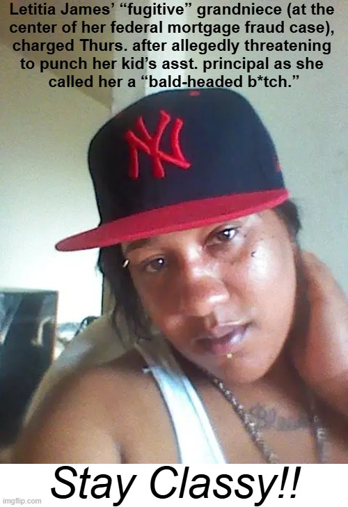 It must run in the family... | Letitia James’ “fugitive” grandniece (at the 

center of her federal mortgage fraud case), 

charged Thurs. after allegedly threatening 

to punch her kid’s asst. principal as she 

called her a “bald-headed b*tch.”; Stay Classy!! | image tagged in letitia james,relatives,threat,embarrassing,stay classy,classy | made w/ Imgflip meme maker