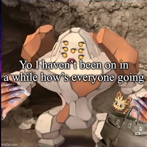 Wsg | Yo I haven’t been on in a while how’s everyone going | image tagged in regirock holding a handbag | made w/ Imgflip meme maker
