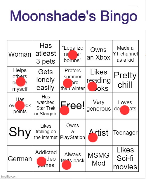 Moonshade's Bingo | image tagged in moonshade's bingo | made w/ Imgflip meme maker