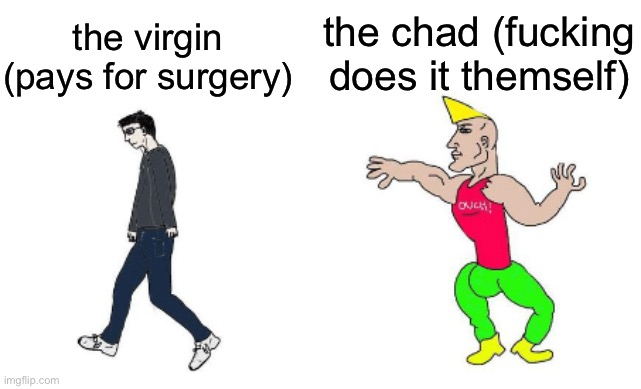 Virgin vs Chad | the virgin (pays for surgery) the chad (fucking does it themself) | image tagged in virgin vs chad | made w/ Imgflip meme maker