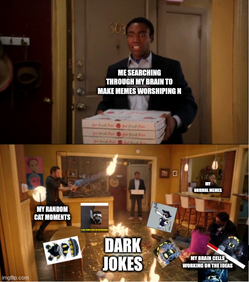 My brain making N_Fan_Club memes | ME SEARCHING THROUGH MY BRAIN TO MAKE MEMES WORSHIPING N; MY NORMAL MEMES; MY RANDOM CAT MOMENTS; DARK JOKES; MY BRAIN CELLS WORKING ON THE IDEAS | image tagged in community fire pizza meme | made w/ Imgflip meme maker