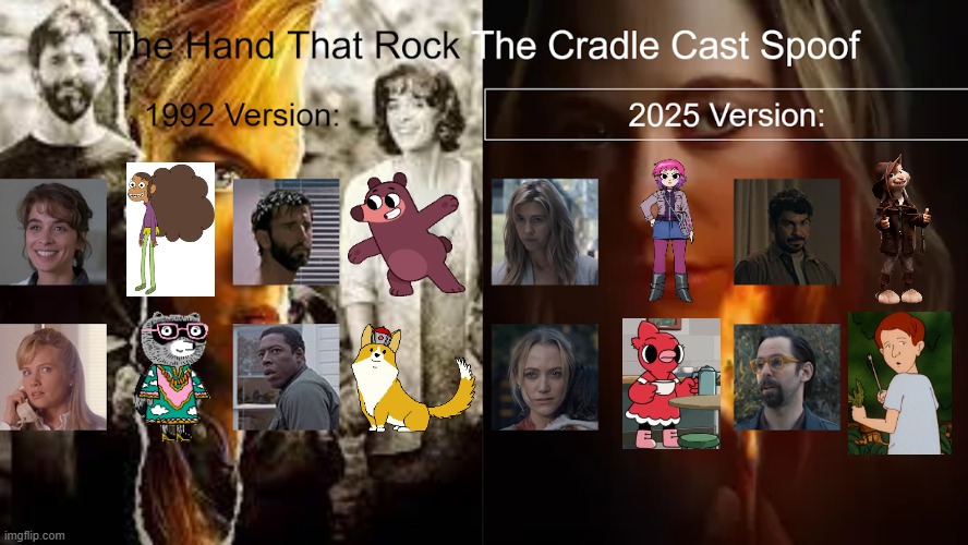 Credit to Waldness Topic International for this used | image tagged in meme,memes,spoof cast,the hand that rocks the cradle,characters,roles | made w/ Imgflip meme maker