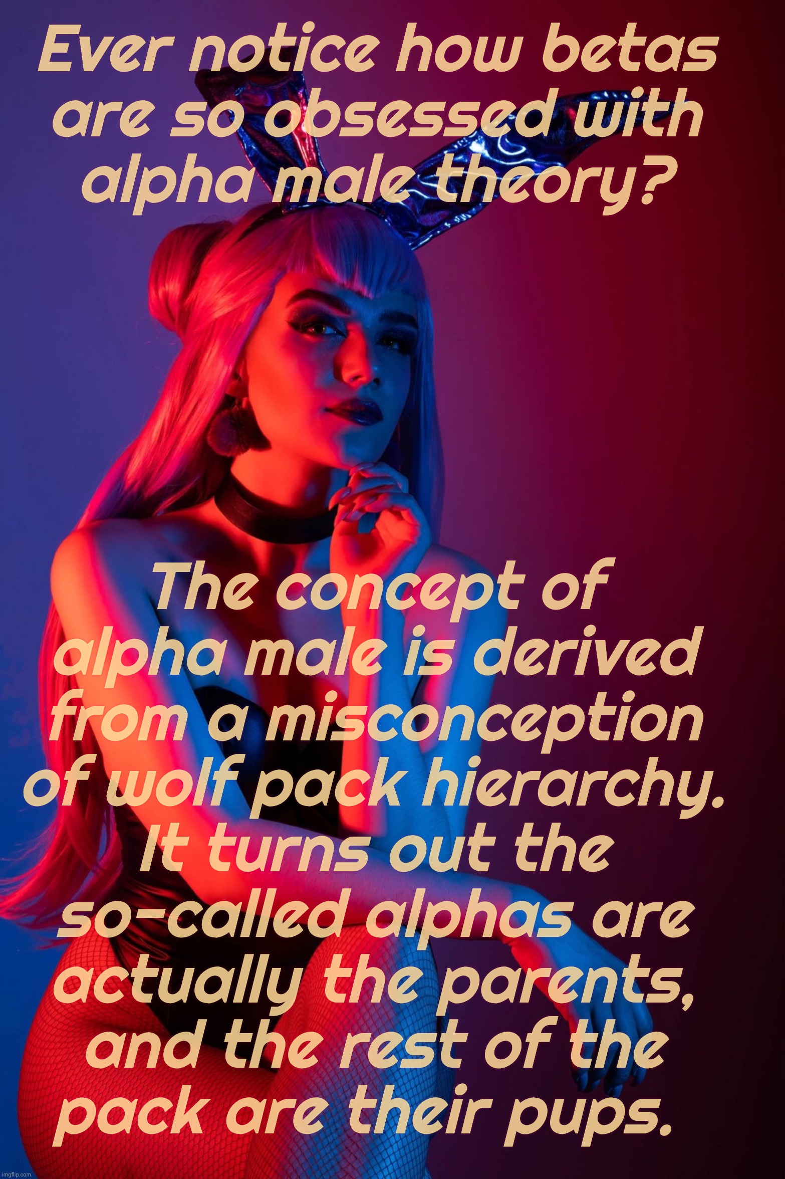 Evelynn K/DA | Ever notice how betas
are so obsessed with
alpha male theory? The concept of
alpha male is derived
from a misconception
of wolf pack hierarc | image tagged in evelynn k/da | made w/ Imgflip meme maker