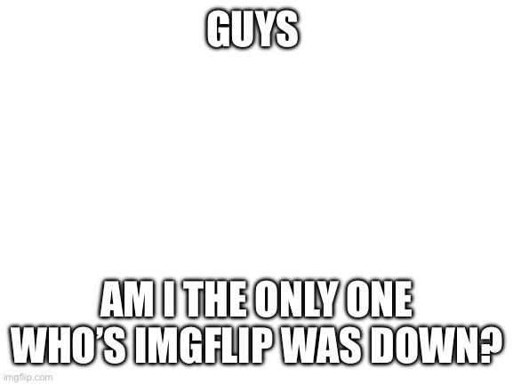 There was host error or something | GUYS; AM I THE ONLY ONE WHO’S IMGFLIP WAS DOWN? | image tagged in blank white template | made w/ Imgflip meme maker
