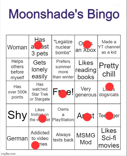 Moonshade's Bingo | image tagged in moonshade's bingo | made w/ Imgflip meme maker