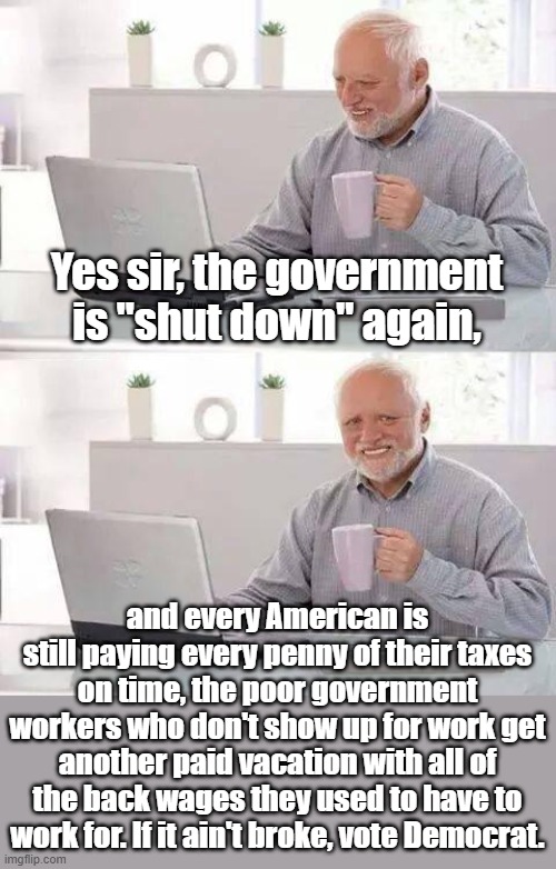A Forest Service worker told me he hopes it goes on for another 6 months so he can go fishing in the Gulf of America | Yes sir, the government is "shut down" again, and every American is still paying every penny of their taxes on time, the poor government workers who don't show up for work get another paid vacation with all of the back wages they used to have to work for. If it ain't broke, vote Democrat. | image tagged in memes,hide the pain harold | made w/ Imgflip meme maker