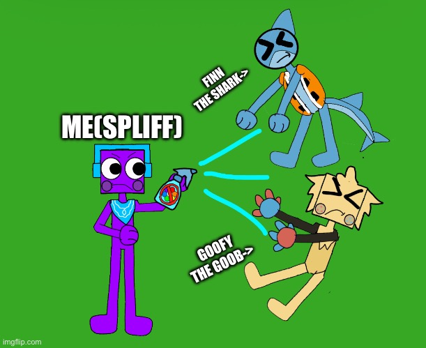 Go Away Dandy's World Fans | FINN THE SHARK->; ME(SPLIFF); GOOFY THE GOOB-> | image tagged in spliff anti dandy's world spray,finn the shark,goofy the goob,dandy's world,anti dandy's world,art | made w/ Imgflip meme maker