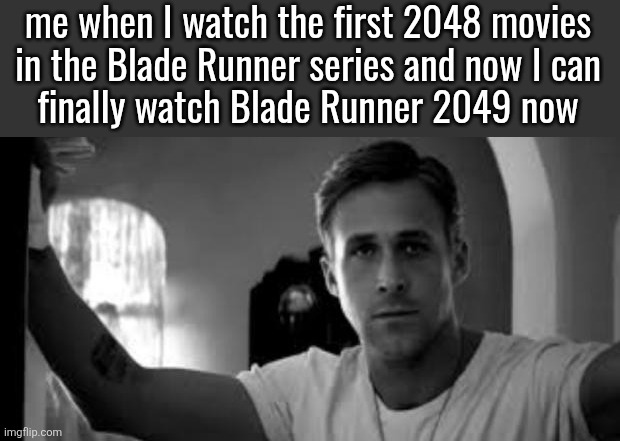 I added the grayscale effect in this image and it made no difference | me when I watch the first 2048 movies
in the Blade Runner series and now I can
finally watch Blade Runner 2049 now | image tagged in ryan gosling | made w/ Imgflip meme maker