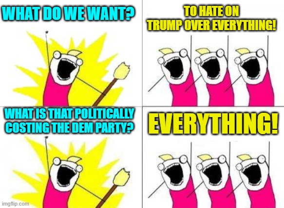 But you ignorant leftists keep doing you. | WHAT DO WE WANT? TO HATE ON TRUMP OVER EVERYTHING! WHAT IS THAT POLITICALLY COSTING THE DEM PARTY? EVERYTHING! | image tagged in what do we want | made w/ Imgflip meme maker