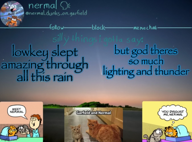 nermal :speak: | lowkey slept amazing through all this rain; but god theres so much lighting and thunder | image tagged in nermal speak | made w/ Imgflip meme maker