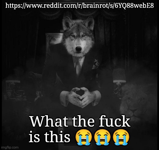 Wolf on a chair | https://www.reddit.com/r/brainrot/s/6YQ88webE8; What the fuck is this 😭😭😭 | image tagged in wolf on a chair | made w/ Imgflip meme maker