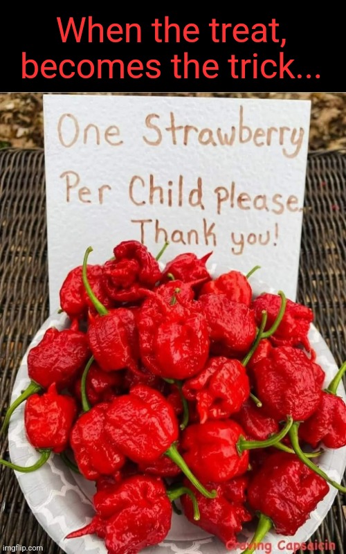 Pepping up trick or treat | When the treat, becomes the trick... | image tagged in peppers,not,strawberries,bad,trick or treat,ideas | made w/ Imgflip meme maker