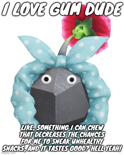 I'm currently having some watermelon flavoured gum rn, I love watermelon flavour | I LOVE GUM DUDE; LIKE, SOMETHING I CAN CHEW THAT DECREASES THE CHANCES FOR ME TO SNEAK UNHEALTHY SNACKS, AND IT TASTES GOOD? HELL YEAH! | image tagged in scrunchie rock pikmin | made w/ Imgflip meme maker