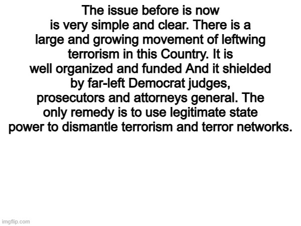 Yes. | The issue before is now is very simple and clear. There is a large and growing movement of leftwing terrorism in this Country. It is well organized and funded And it shielded by far-left Democrat judges, prosecutors and attorneys general. The only remedy is to use legitimate state power to dismantle terrorism and terror networks. | image tagged in memes,funny,politics,political meme,democrats | made w/ Imgflip meme maker