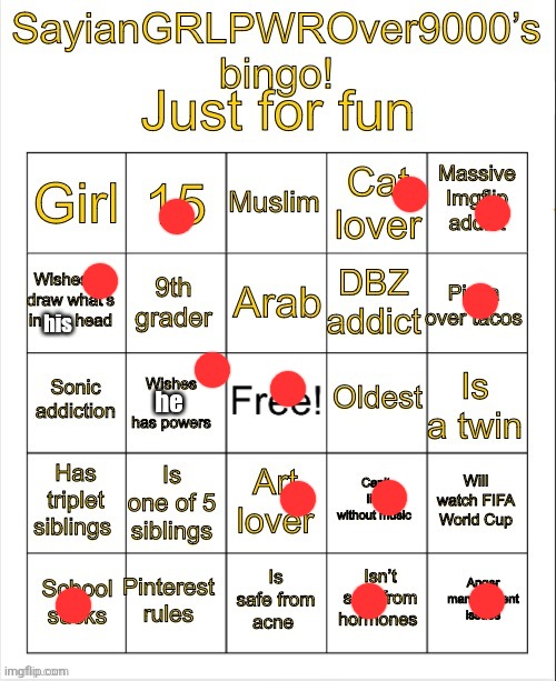 SayianGRLPWROver9000’s bingo | his; he | image tagged in sayiangrlpwrover9000 s bingo | made w/ Imgflip meme maker