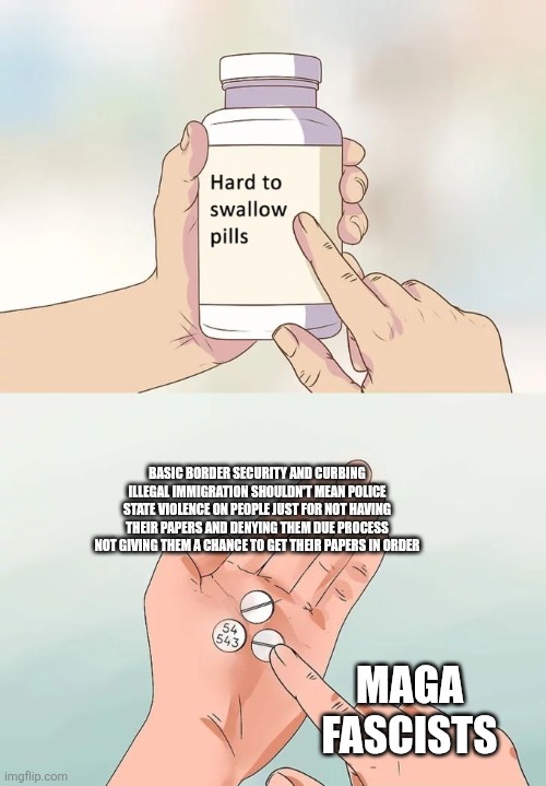 I am for basic border security but it shouldn't mean police state violence | BASIC BORDER SECURITY AND CURBING ILLEGAL IMMIGRATION SHOULDN'T MEAN POLICE STATE VIOLENCE ON PEOPLE JUST FOR NOT HAVING THEIR PAPERS AND DENYING THEM DUE PROCESS NOT GIVING THEM A CHANCE TO GET THEIR PAPERS IN ORDER; MAGA FASCISTS | image tagged in memes,hard to swallow pills,ice,immigration,police brutality | made w/ Imgflip meme maker