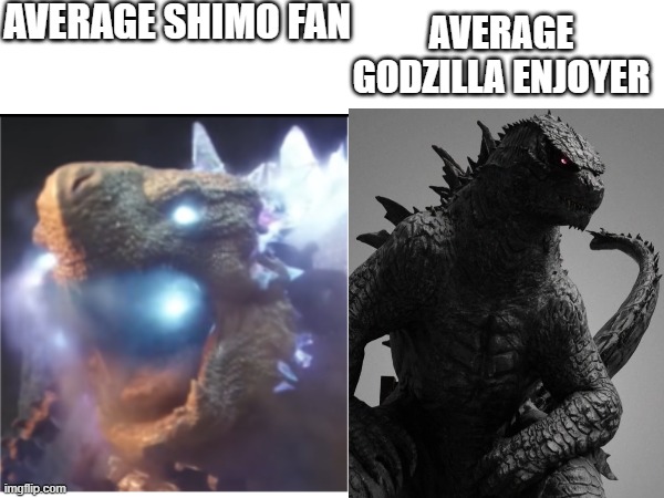 average shimo vs godzilla | AVERAGE SHIMO FAN; AVERAGE GODZILLA ENJOYER | image tagged in average fan vs average enjoyer | made w/ Imgflip meme maker