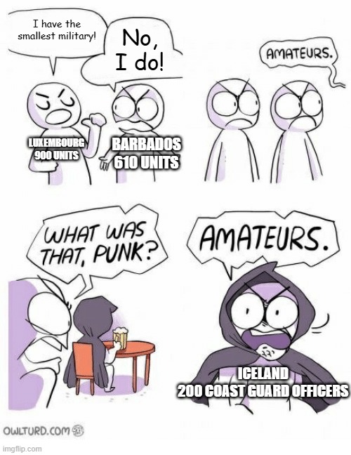 This is true, they do | I have the smallest military! No, I do! LUXEMBOURG
900 UNITS; BARBADOS
610 UNITS; ICELAND
200 COAST GUARD OFFICERS | image tagged in amateurs,military,iceland | made w/ Imgflip meme maker