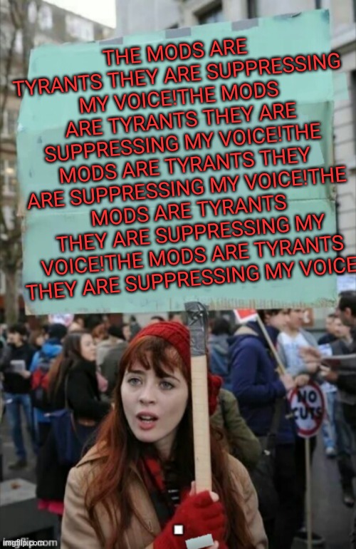 protestor | THE MODS ARE TYRANTS THEY ARE SUPPRESSING MY VOICE!THE MODS ARE TYRANTS THEY ARE SUPPRESSING MY VOICE!THE MODS ARE TYRANTS THEY ARE SUPPRESSING MY VOICE!THE MODS ARE TYRANTS THEY ARE SUPPRESSING MY VOICE!THE MODS ARE TYRANTS THEY ARE SUPPRESSING MY VOICE! | image tagged in protestor | made w/ Imgflip meme maker