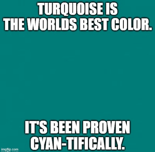 Turquoise is the world's best color. It's been proven cyan-tifically. | image tagged in funny,colors,play on words,humor,favorites | made w/ Imgflip meme maker