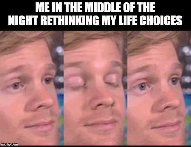 Hi five random person | ME IN THE MIDDLE OF THE NIGHT RETHINKING MY LIFE CHOICES | image tagged in blinking guy,why am i doing this | made w/ Imgflip meme maker