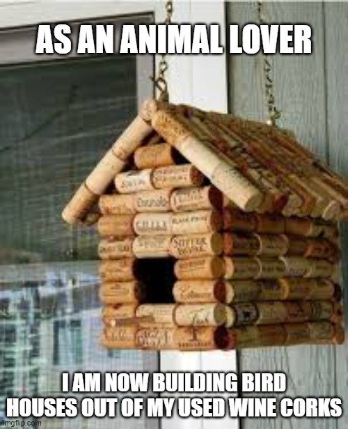 As an animal lover, I'm now building bird houses out of my used wine corks. | AS AN ANIMAL LOVER; I AM NOW BUILDING BIRD HOUSES OUT OF MY USED WINE CORKS | image tagged in funny,humor,bird,wine,house | made w/ Imgflip meme maker