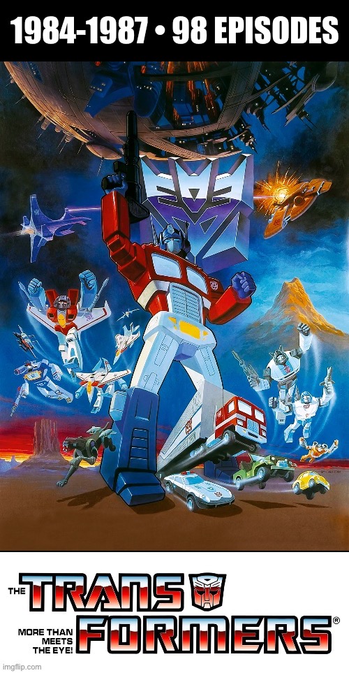 “More than meets the eye” - the original series… | 1984-1987 • 98 EPISODES | image tagged in cartoons,transformers,1980s,more than meets the eye,autobots,decepticons | made w/ Imgflip meme maker
