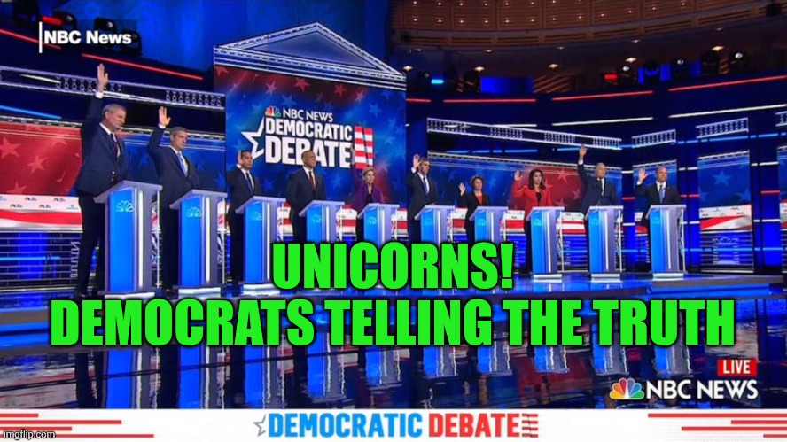 Democrat Debates Raise Hands | UNICORNS!
DEMOCRATS TELLING THE TRUTH | image tagged in democrat debates raise hands | made w/ Imgflip meme maker