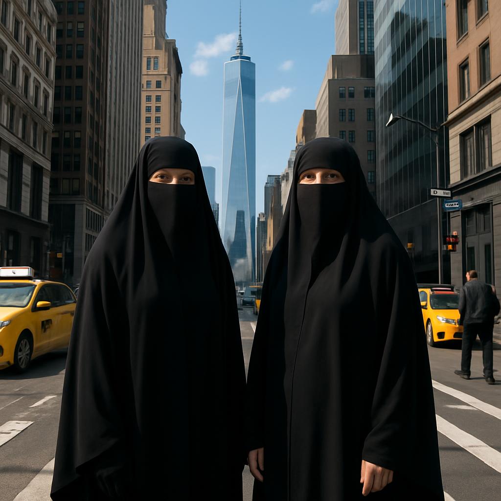 two white women wearing full black burqa in downtown Manhattan Blank Meme Template