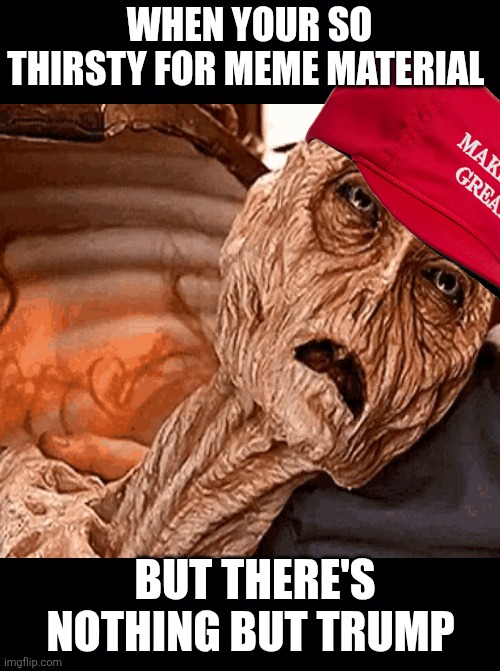 Black background | WHEN YOUR SO THIRSTY FOR MEME MATERIAL BUT THERE'S NOTHING BUT TRUMP | image tagged in black background | made w/ Imgflip meme maker