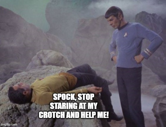 Help Your Captain | SPOCK, STOP STARING AT MY CROTCH AND HELP ME! | image tagged in defeat star trek | made w/ Imgflip meme maker